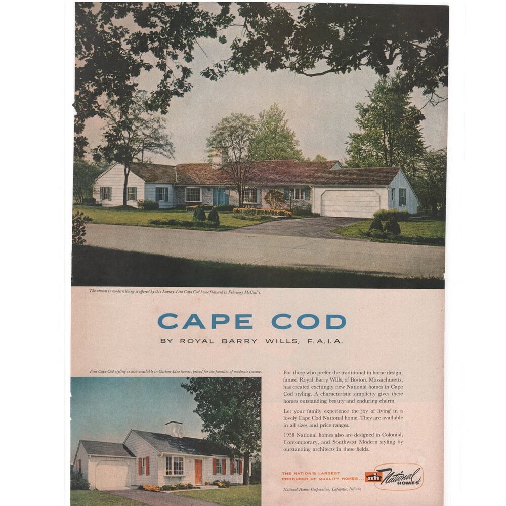 National Homes Cape Cod Magazine Advertisement 1958 Vintage Architecture Home